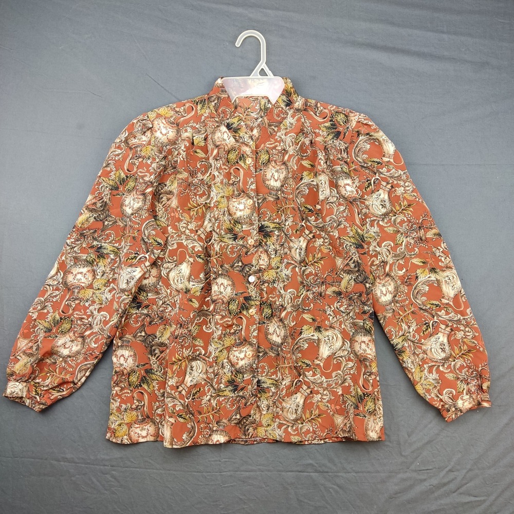 Unbranded Blouse Women XL Orange Baroque Print Button Up Long Sleeve VTG Style